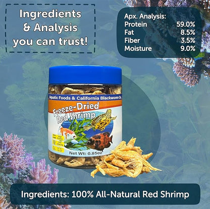 Aquatic Foods Inc. Red Shrimp, Freeze Dried 1/2" to 1 & 1/4" Floating Red River Shrimp for Cichlids, All Tropical Fish, Koi & Pond Fish, Aquatic Turtles, Reptiles, Rodents 2oz Canister