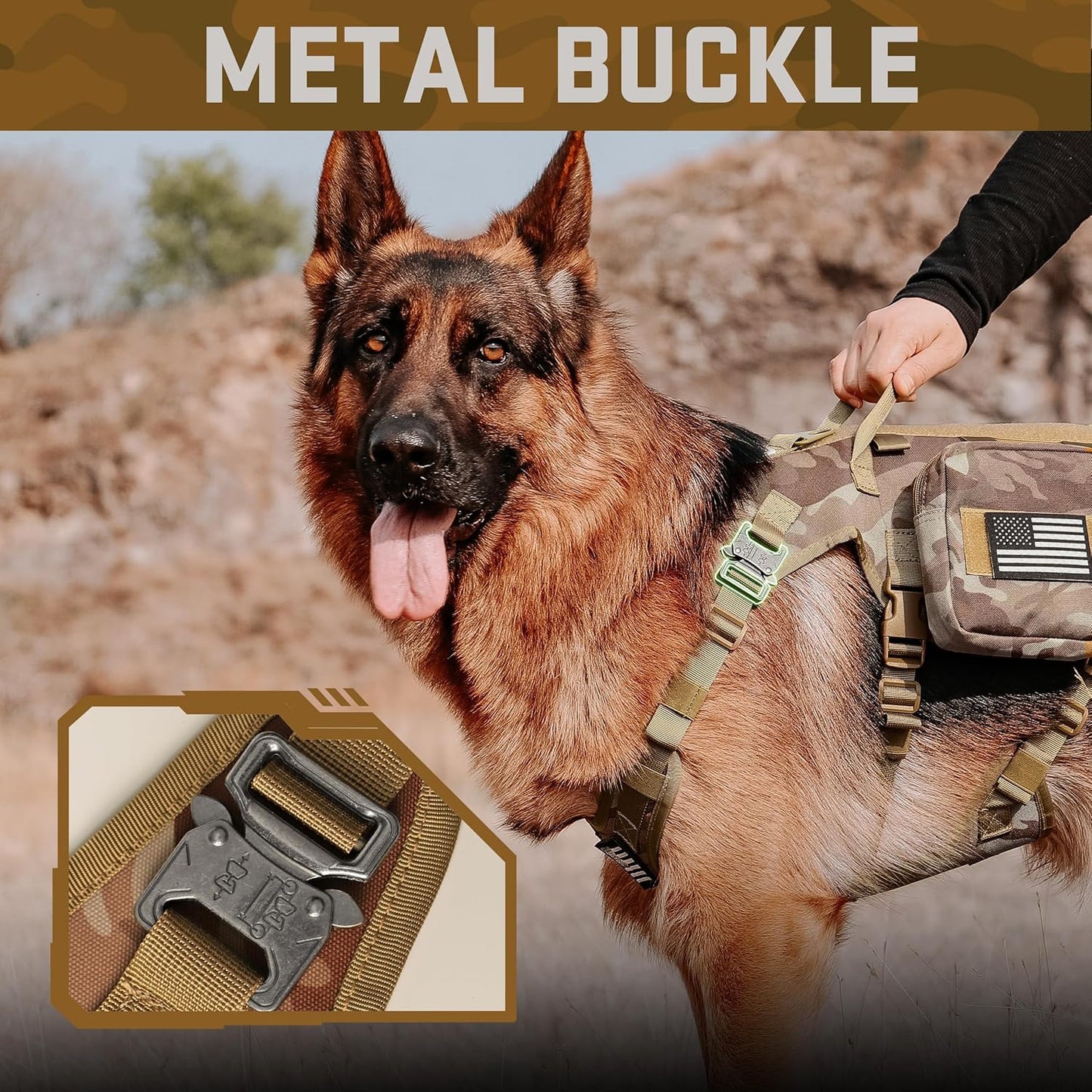 Forestpaw Tactical Dog Harness Tactical Dog Collar with Bungee Leash Set,No Pull Military Dog Harness for Walking Training,Adjustable for Medium Large Dogs,Camouflage Brown,Chest 19.5-41.5"