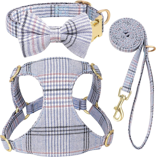 Beirui Cute Small Dog Harness Collar and Leash Set with Bowtie, Soft Adjustable Plaid Puppy Harness for Small Sized Dogs Cats Walks Parties and Photoshoots(Blue,S:Chest 17-23")