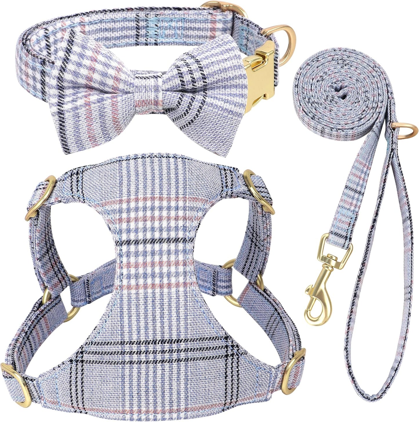 Beirui Cute Extra Small Dog Harness Collar and Leash Set with Bowtie, Soft Adjustable Plaid Puppy Harness for Small Sized Dogs Cats Walks Parties and Photoshoots(Blue,XXS:Chest 12-14")