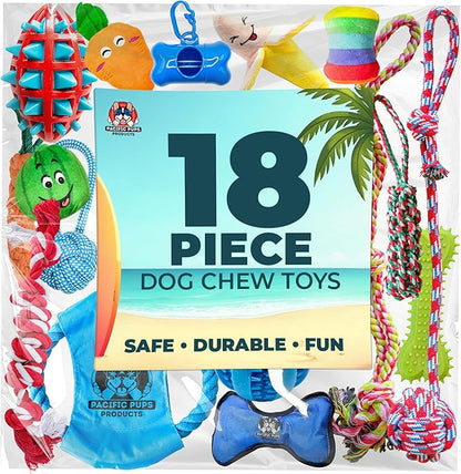 Pacific Pups 18 Piece Bulk Dog Toy Pack - Chew, Plush, and Rope Dog Toys to Keep Them Busy - Puppy Teething Chew Toys, Treat Ball, Squeaky Plushies, Tug of War Ropes, Rubber Chew - Helps Rescue Dogs