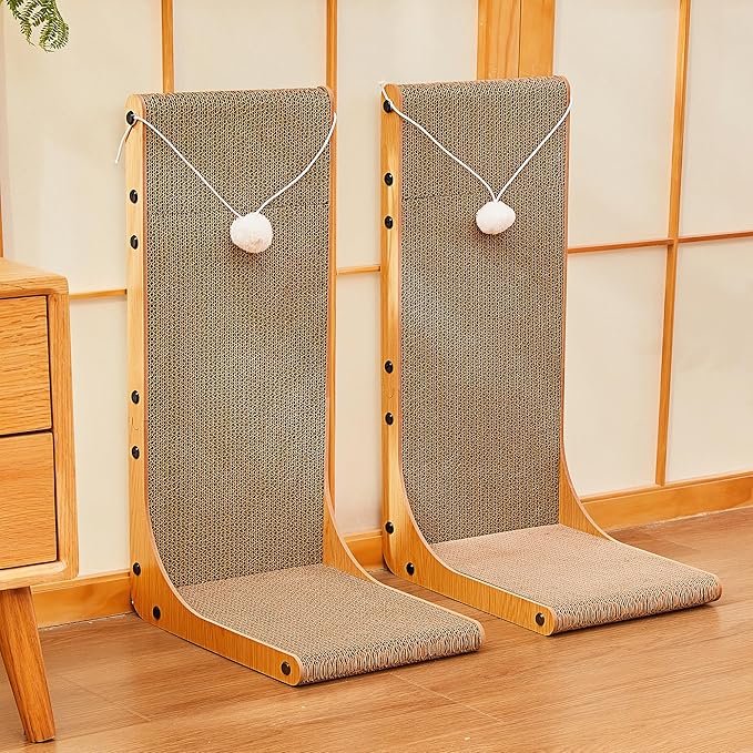 Value 2-Pack 23.6 Inch L-Shaped Cardboard Cat Scratcher, Dual Use (Vert/Horiz) Scratch Pad with Toy Balls, Wall-Mountable Furniture Protector Cat Scratchers for Indoor Cats, Couch & Wall