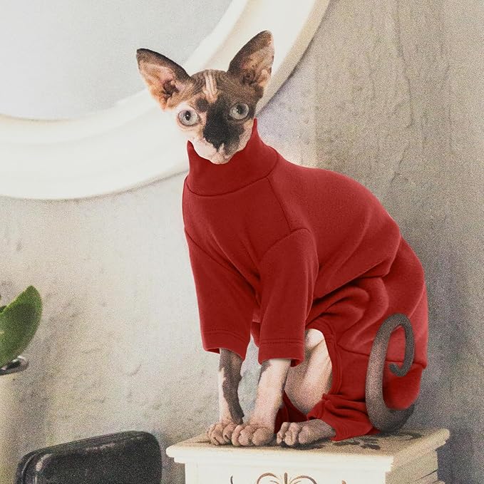 ROZKITCH Hairless Cat Clothes, Breathable Soft Cat Jumpers for Cats Only, Cat Coat with Four Legs, Warm Cat Sweater Cat T-Shirt Cat Pajamas Jumpsuit Vest Cornish Rex Devon Rex Peterbald Red L