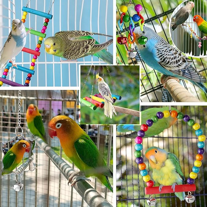 Bird Parakeet Cockatiel Toys, ESRISE Birds Cage Accessories Swing Climbing Ladders Wooden Perch Toy for Conures Finche Budgies Lovebird Parrot