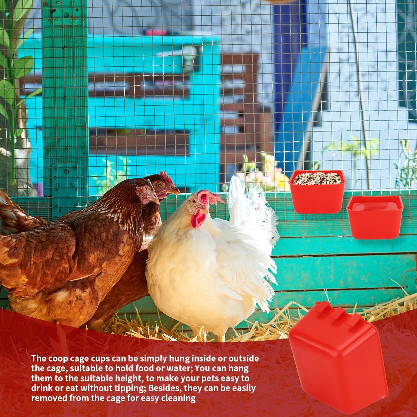 40 Pcs Cage Cups Chicken Feeder Cups 16 oz Hanging Bird Food Water Cups Bunny Cage Feeding Bowl Dish for Pet Parrot Rooster Parakeet Gamefowl Poultry Pigeon Wire Cage(Red)