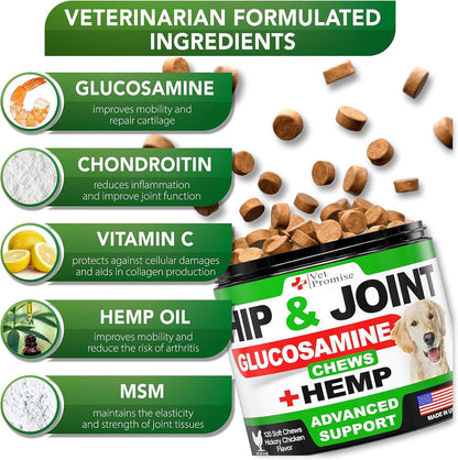 Vet Promise Hemp Hip and Joint Support Supplement for Dogs - Glucosamine for Dogs - Hemp Oil, MSM, Chondroitin - Support for Joint Pain Relief and Health - 120 Soft Chews - Made in USA