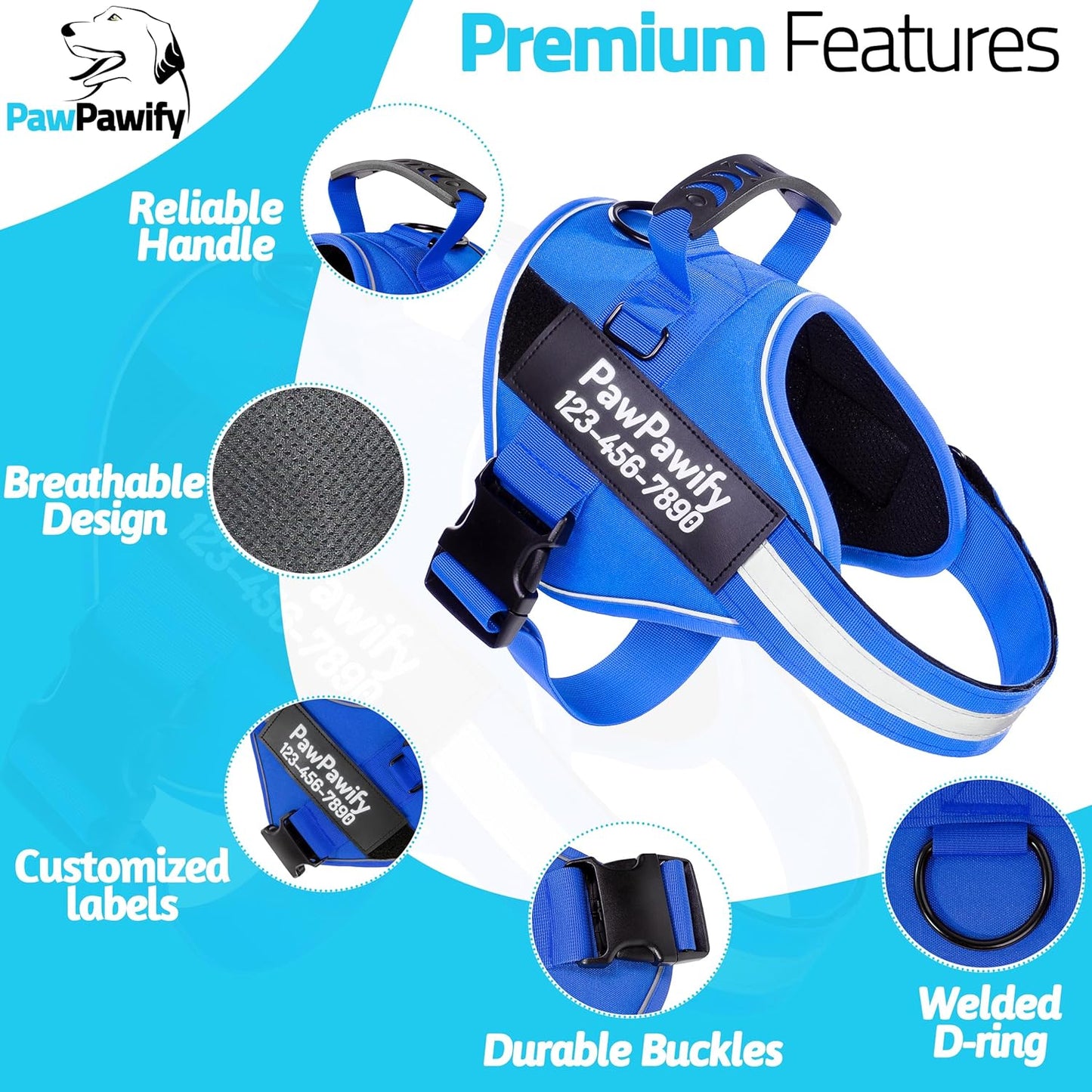 PawPawify Custom No Pull Dog Harness with Name and Phone Number, Heavy Duty Personalized Pet Vest to Prevent Tugging, Pulling, or Choking, Training and Walking (New Blue, S (Chest 16-21in))