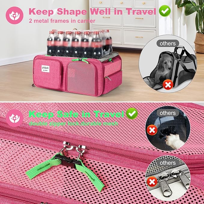 19x13x9 TSA Approved top Expandable pet Carrier for Small Dog Puppy cat up to 10 lbs Weight and 18'' Length, for Southwest Spirit Canada Airlines(Pink)