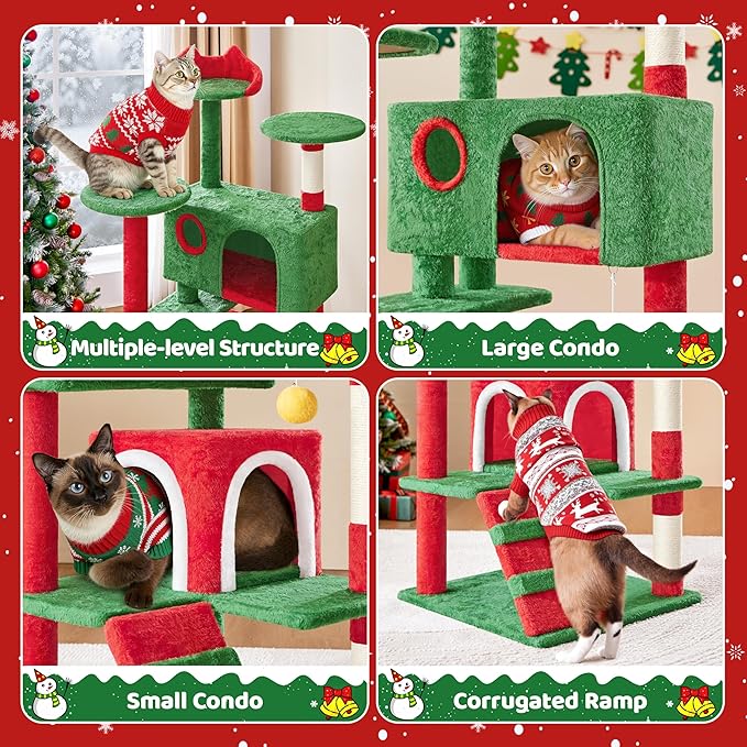 Yaheetech 54in Christmas Cat Tree, Multi-Level Cat Tower with Spacious Kitten-Ear Perch, 2 Cozy Caves, Scratching Posts, Climbing Ladder, 2 Plush Balls for Indoor Kittens, Red/Green