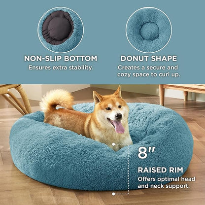 Bedsure Calming Dog Bed for Medium Dogs - Donut Washable Medium Pet Bed, 30 inches Anti-Slip Round Fluffy Plush Faux Fur Cat Bed, Fits up to 45 lbs Pets, Washed Blue
