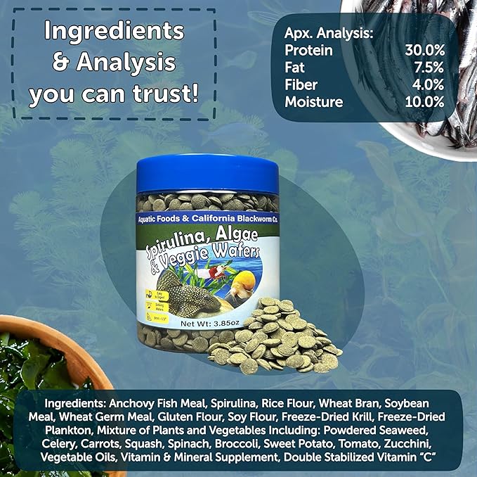 Aquatic Foods Inc. 8mm - 1/3" Small Sinking Wafers of Spirulina, Algae for Bottom Fish, Plecos, Catfish, Shrimp, Snails, Crabs & Tropicals. 4-Type Wafer & 12-Type Pellet Mix Included...10oz Canister