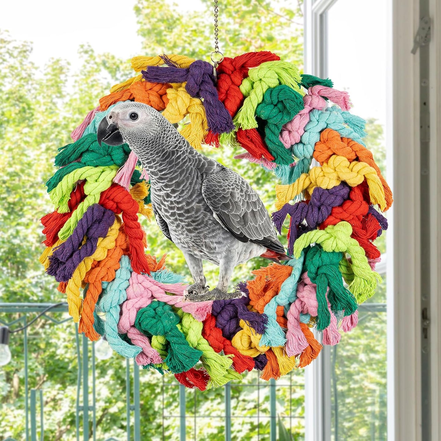 Parrot Swing for Large Birds - Colorful Cotton Rope Hanging Ring Toy for African Grey, Cockatoo, Conure, and Parakeet | Chewing, Exercise, Climbing, and Snuggling
