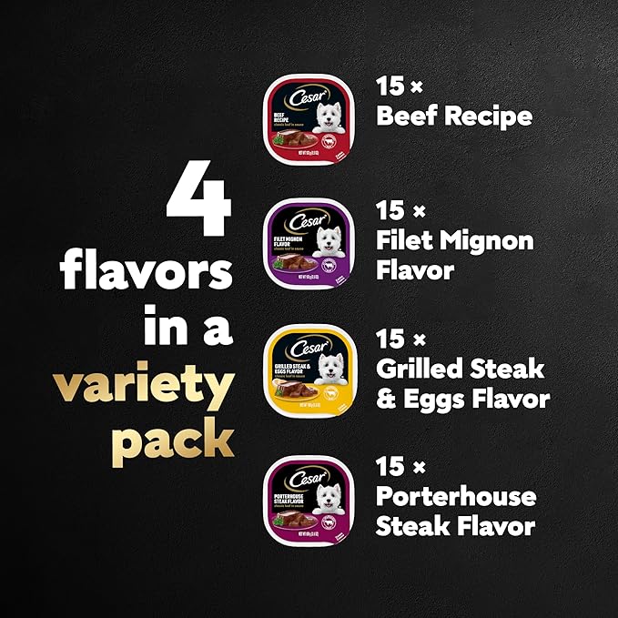Cesar Wet Dog Food Classic Loaf in Sauce Filet Mignon Flavor, Porterhouse Steak Flavor, Grilled Steak & Eggs Flavor, and Beef Recipe Variety Pack 3.5 oz. Easy Peel Trays (60 Count)