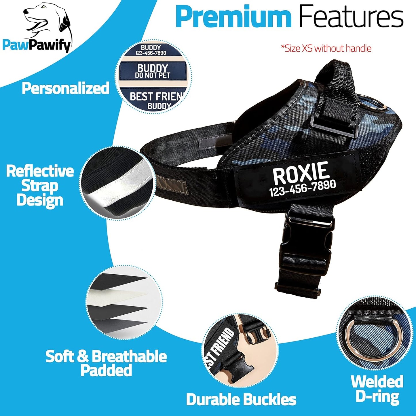 PawPawify Custom No Pull Dog Harness with Name and Phone Number, Heavy Duty Personalized Pet Vest to Prevent Tugging, Pulling, or Choking, Training and Walking (Camouflage Navy, XS (Chest 14-17in))