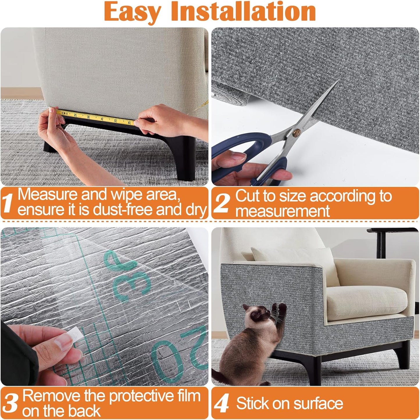 Cat Scratch Furniture Protector - 78.7" x 15.8" Trimmable Self-Adhesive Cats Claws Scratch Pads, Sisal DIY Climbing Couch Protector for Scratch Post Cat Tree Replacement Indoor (Light Gray)