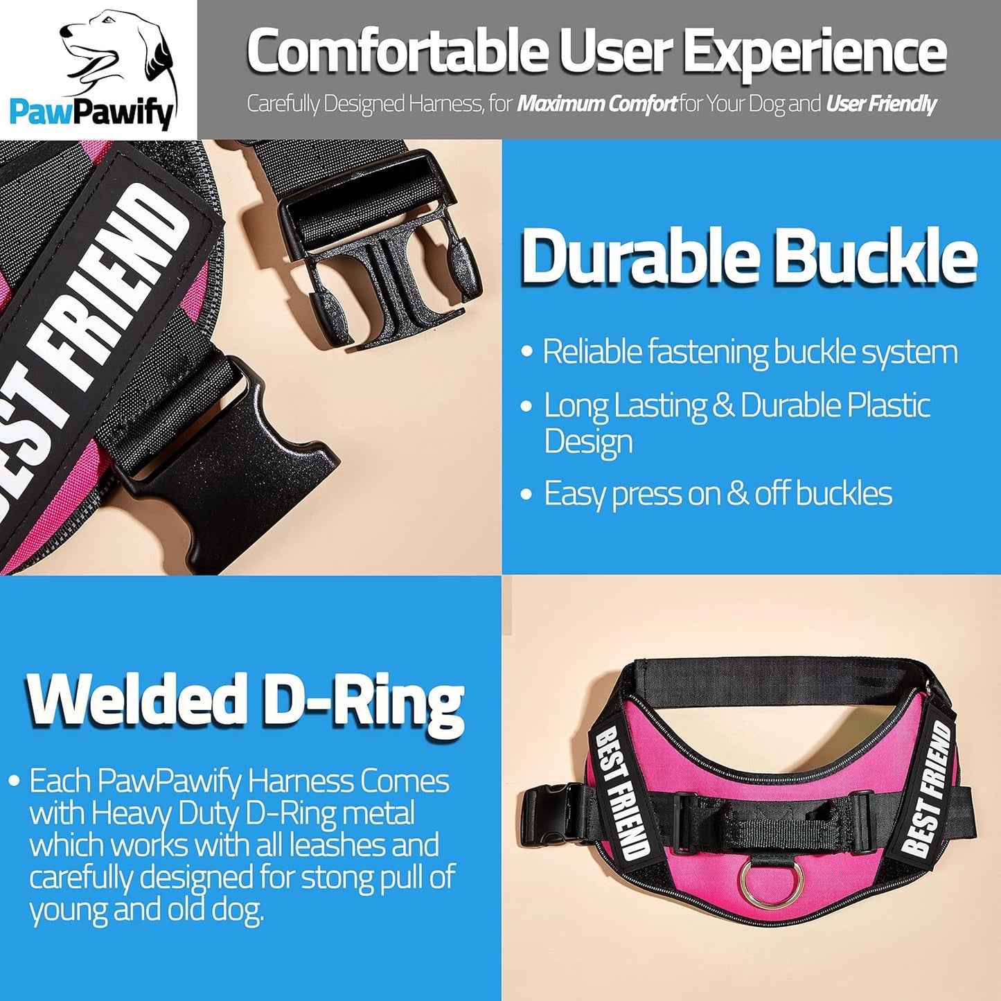 PawPawify Custom No Pull Dog Harness with Name and Phone Number, Heavy Duty Personalized Pet Vest to Prevent Tugging, Pulling, or Choking, Training and Walking (Pink, XS (Chest 14-17in))