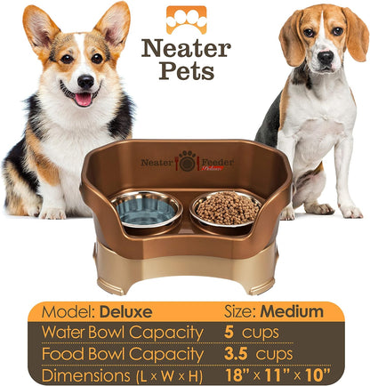 Neater Pet Brands Neater Feeder Deluxe Mess Proof Dog Bowls Elevated for Medium Dogs 19-40 lbs, Made in USA, No Spill Raised Dog Food Bowl Stand Feeding Station, Food and Water Bowl Set, Bronze