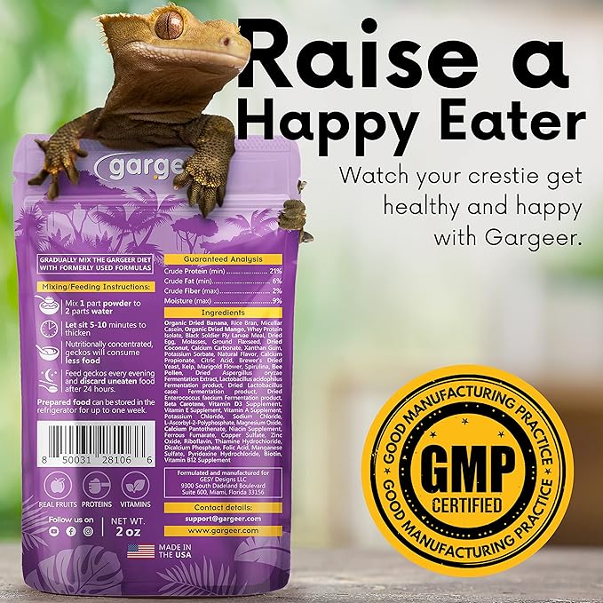 2oz Complete Crested Gecko Food Diet. Premium Mix, Ready to Use Freshly Made Powder. Unique Formula, Developed & Made in The USA. Enjoy! (Tropical + Insects Protein)