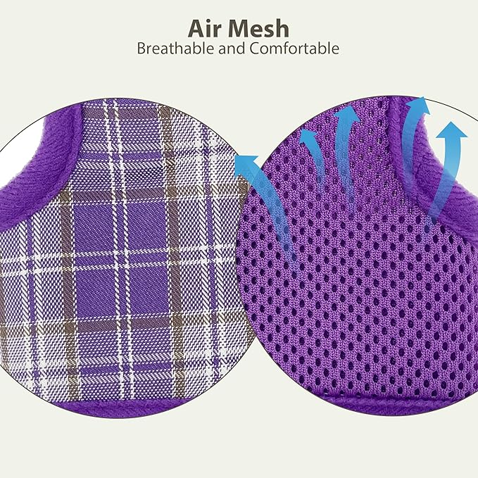 AIITLE Adjustable Bunny Harness & Leash Set - Soft Mesh Liner, Comfort Fit Plaid Pattern Vest with Magic Tape Design, Portable for Small Animal Pets Rat Squirrel Ferret Puppy Cat, Purple L
