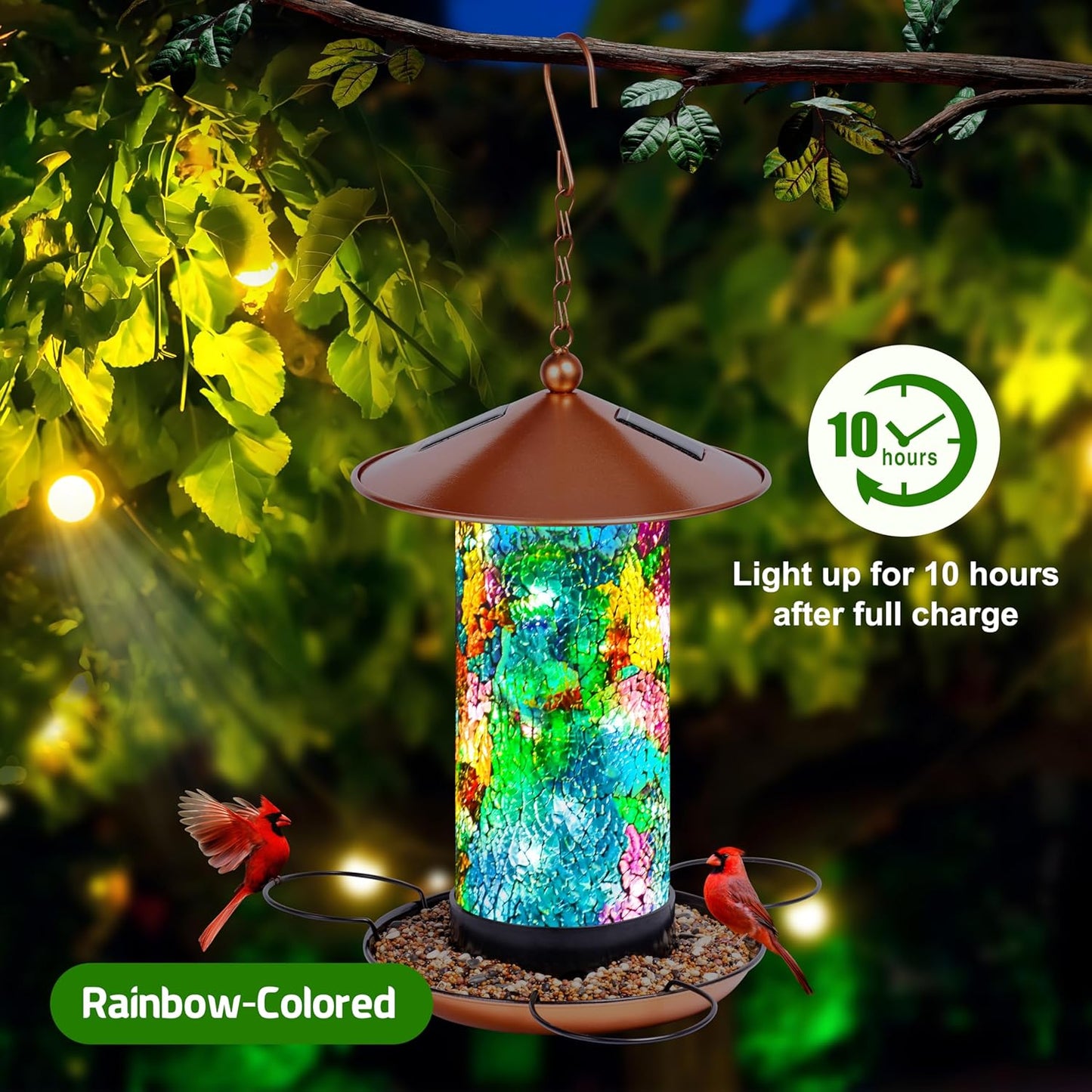 XDW-GIFTS Mosaic Solar Wild Bird Feeder, Waterproof Lantern Shape with S-Hook & 4 LED Lights, Garden Decor for Lawn, Patio, Balcony, Yard Ornament - Unique Gifts for Mom, Women, Grandma, Bird Lovers