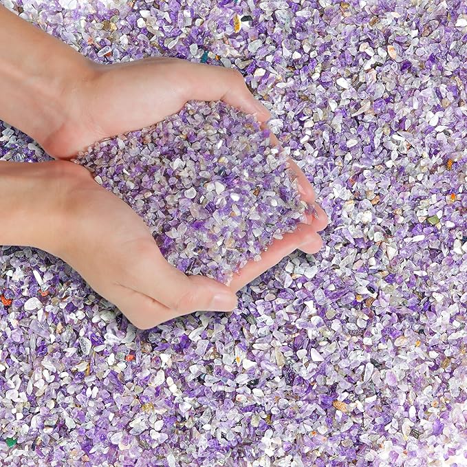 T4U Tumbled Chips Stones Crushed Crystal Quartz 2 LB, Irregular Shaped Gravels Pebble Healing Stones, DIY Smoothed Rock for Potted Plant,Resin Art,Vase Fillers Aquarium Gravel Rocks (Amethyst)