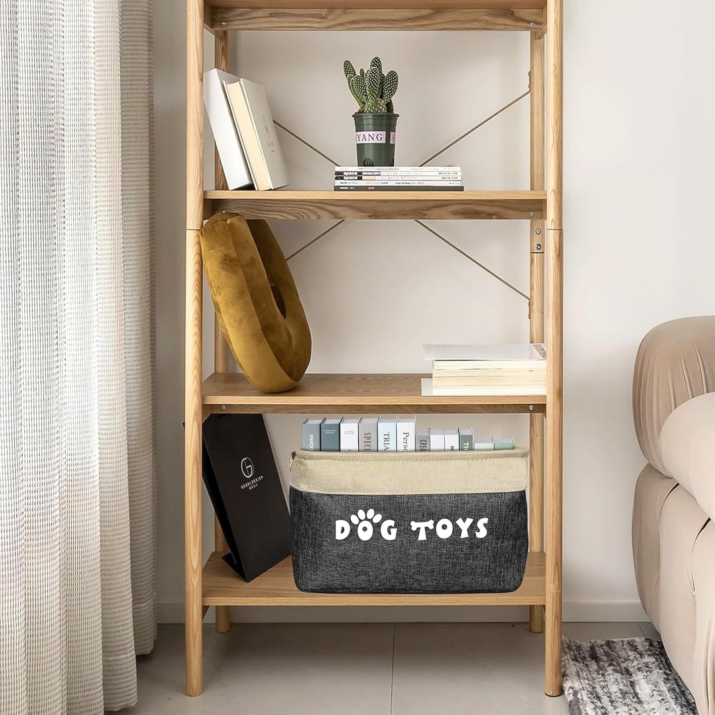 PET ARTIST Dog Toy Basket, Collapsible Dog Toy Bin Box with Comfortable Handles, Large Pet Toy Storage Organizer for Accessories, Toys, Coat & Clothing, Blanket & Leash, Black, 15"x11"x9"