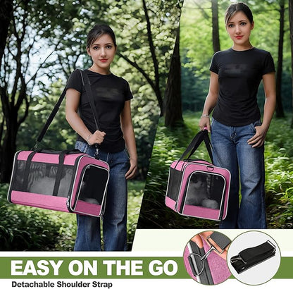 Cat Carrier 18x11x11 Delta Airline Approved, Easy Load Soft Pet Plane Travel Bag 15 pounds, Teacup Dog Crate 12 lbs, Yorkie Kennel Carrying Case, Kitten Toy Poodle Mesh Cage up to 20lbs Pink