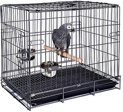 Durable Easy Portable Collapsible Metal Travel or Veterinary Collapsable Parrot Bird Carrier Beaks-Proof Easy Clean Carrier Cage with Stainless Steel Feeder Bowls Natural Wooden Perch