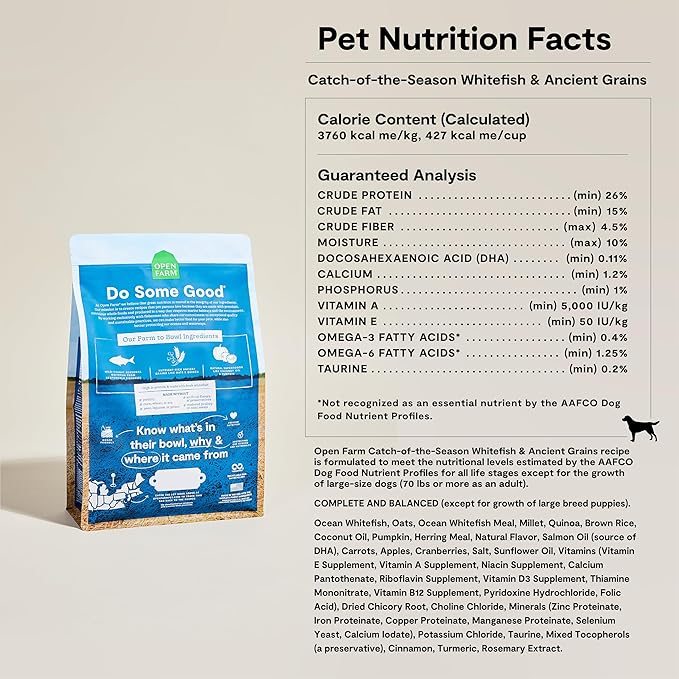 Open Farm Catch-of-The-Season Whitefish & Ancient Grains Dry Dog Food, Wild-Caught Whitefish Recipe with Wholesome Grains and No Artificial Flavors or Preservatives, 11 lbs