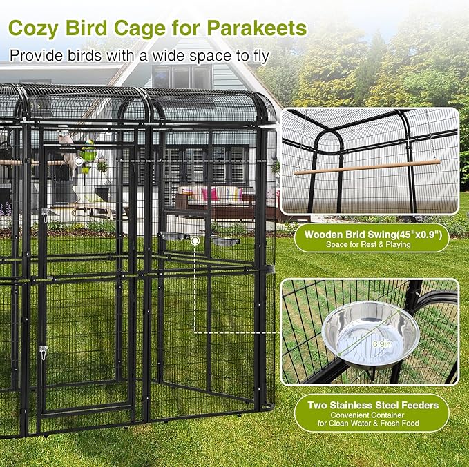 Large Walk-in Cage 87-inch Heavy Duty Bird Cage Outdoor Aviary Parrot Cage Wide Flight Metal Birdcage with Stand for Macaw Budgie Conure Lovebird Parakeet Cockatiel, 7.22x5.25x6.8ft, Black