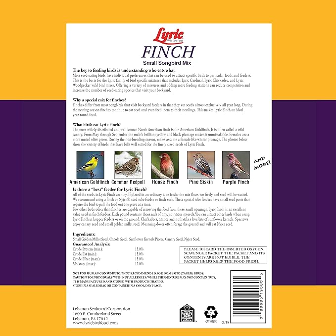 Lyric Finch - Small Songbird Wild Bird Seed - Attracts Goldfinches, House Finches, Purple Finches & More - 20 lb. bag