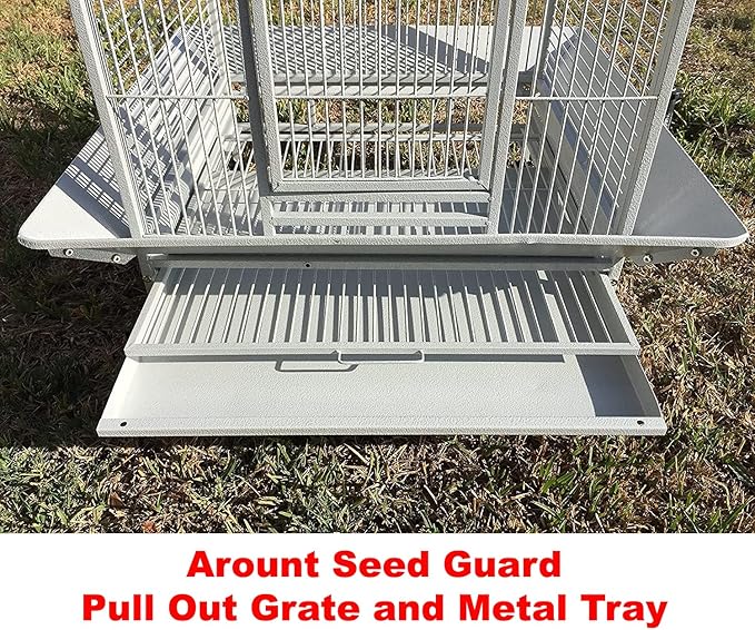 Extra Large Castle PlayTop Parrot Rolling Cage for Large Macaws Cockatoos African Grey Amazon (32" L x 23" W x 66" H WhiteVein)