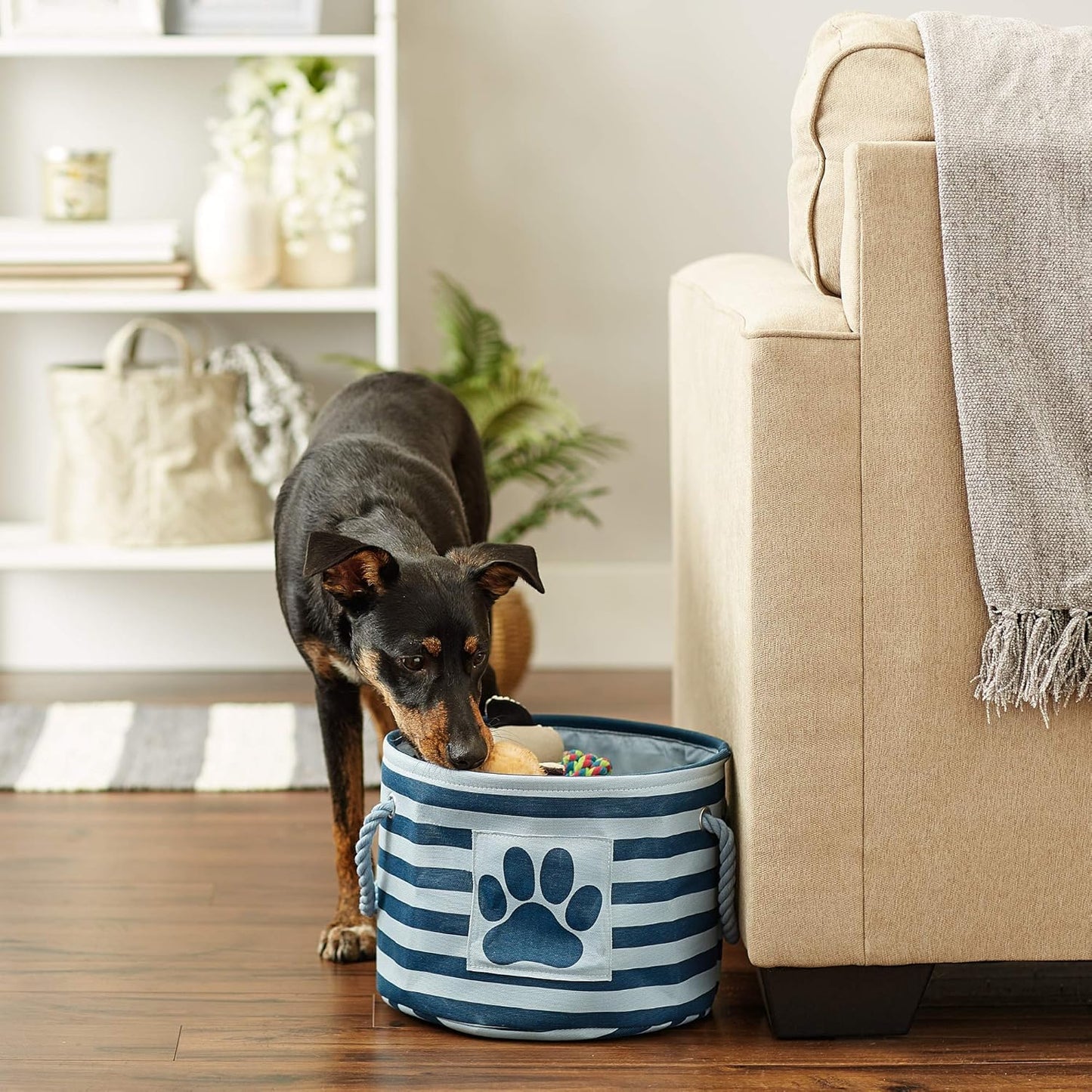 Bone Dry Pet Storage Collection Striped Paw Patch Bin, Dark Navy, Small Round
