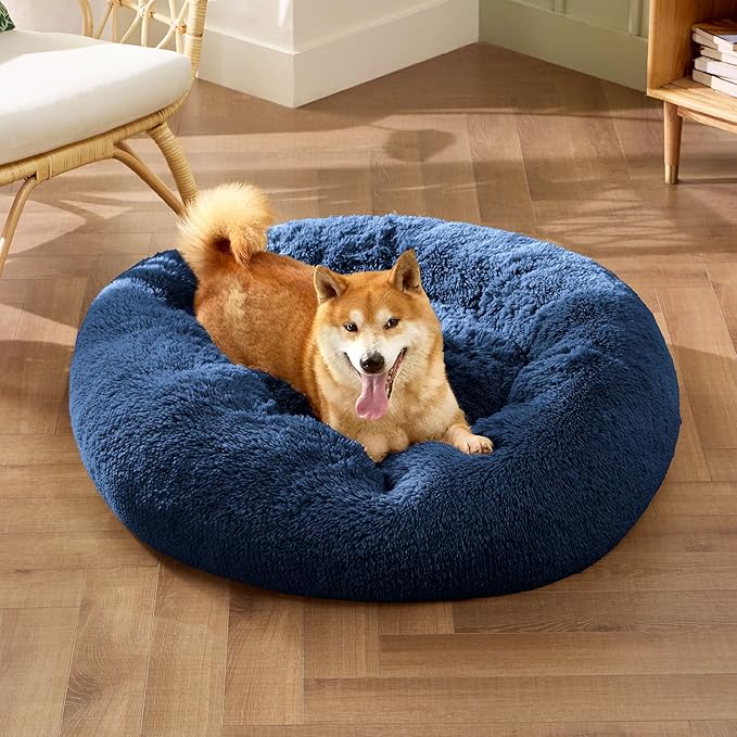 Bedsure Calming Dog Bed for Medium Dogs - Donut Washable Medium Pet Bed, 30 inches Anti-Slip Round Fluffy Plush Faux Fur Cat Bed, Fits up to 45 lbs Pets, Navy