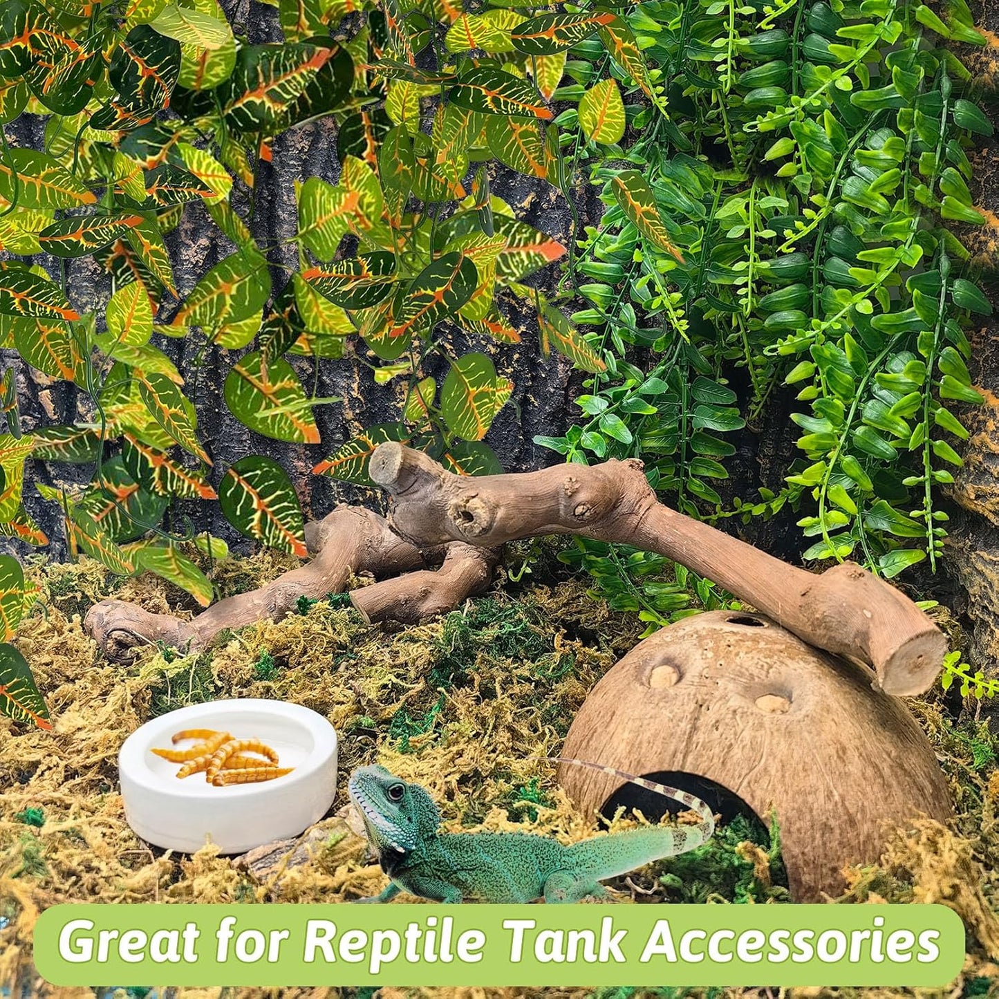 VCEPJH 4 Pcs Reptile Plants, Climbing Wood Branch Terrarium Hanging Fake Plant Leaves Bearded Dragon Tank Accessories, Habitat Decor for Snake Leopard Gecko Lizard Chameleon (Style 1)