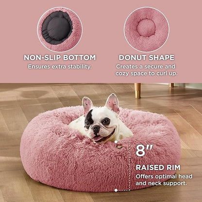 Bedsure Calming Dog Bed for Small Dogs - Donut Washable Small Pet Bed, 23 inches Anti-Slip Round Fluffy Plush Faux Fur Large Cat Bed, Fits up to 25 lbs Pets, Mauve Blush