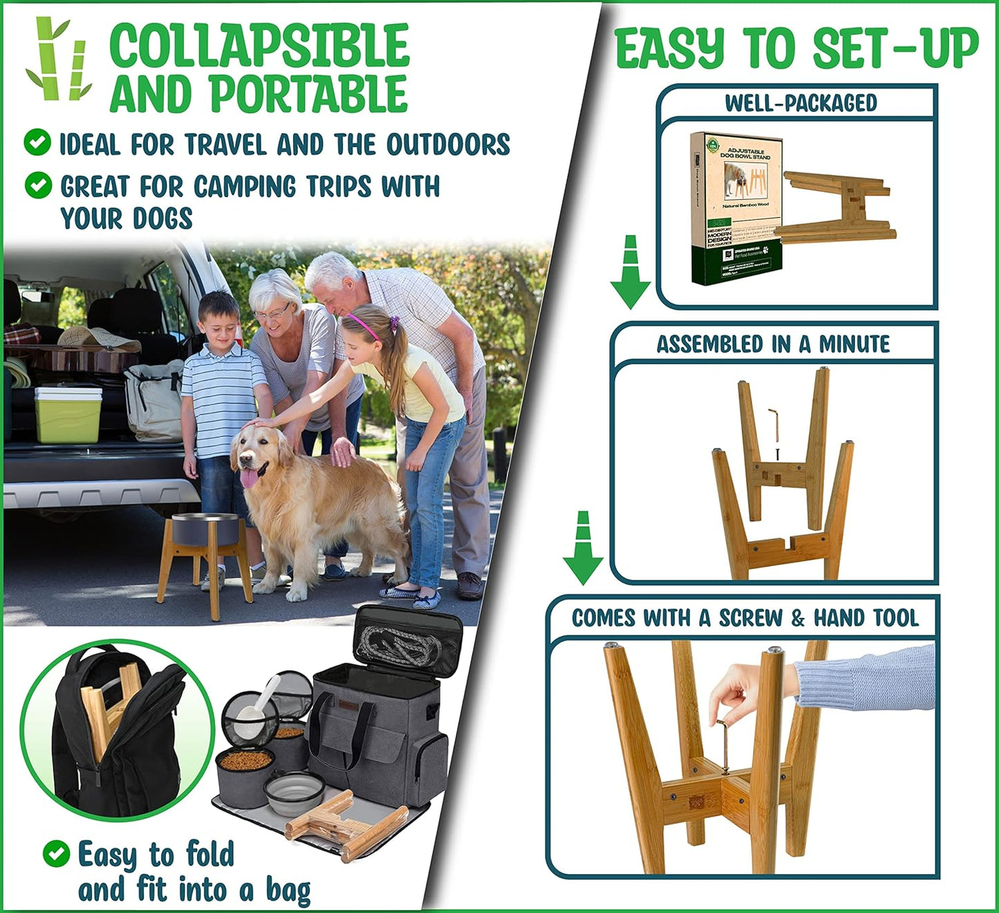 Dog Bowl Stand (14-inch High) - Ideal for Large Breeds, Use to Elevate, Raise Pet Dishes, Water Fountains and Slow Feeders - Adjustable Sideways, Bamboo - (Bowls not Included)