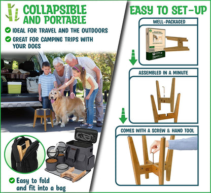 Dog Bowl Stand (14-inch High) - Ideal for Large Breeds, Use to Elevate, Raise Pet Dishes, Water Fountains and Slow Feeders - Adjustable Sideways, Bamboo - (Bowls not Included)