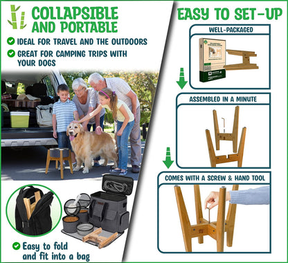 Dog Bowl Stand (12-inch High) - Ideal for Large Breeds - Adjustable Sideways, Slanted Feet - Elevates, Raises Pet Food Feeders, Water Dishes, Fountains, Dispensers - Bamboo Stand Only