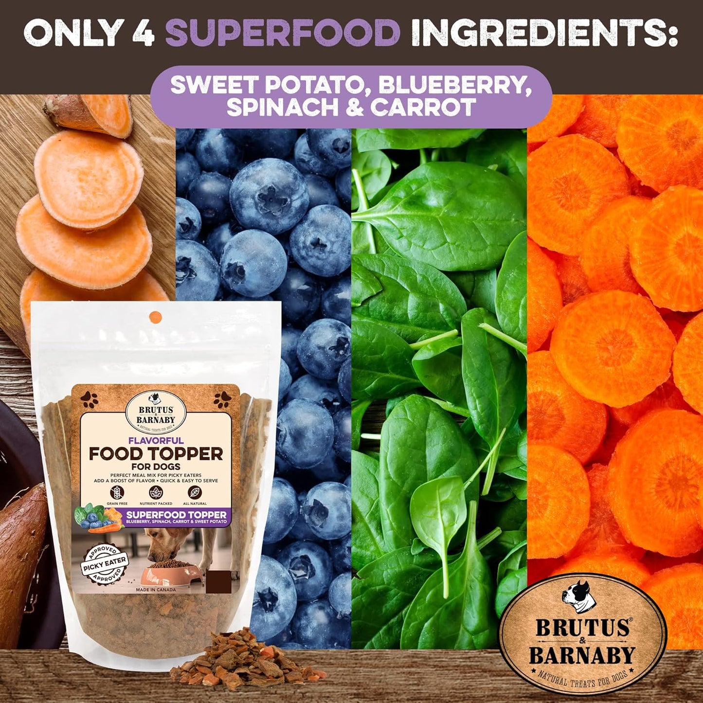 Dog Food Topper - Super Foods - Enhance Your Dogs Meal with This Healthy Vegan Flavor Packed Mix - Sprinkle On Dog Food Flavoring for Picky Eaters - Blueberries, Carrots, Spinach, Sweet Potato - 16oz