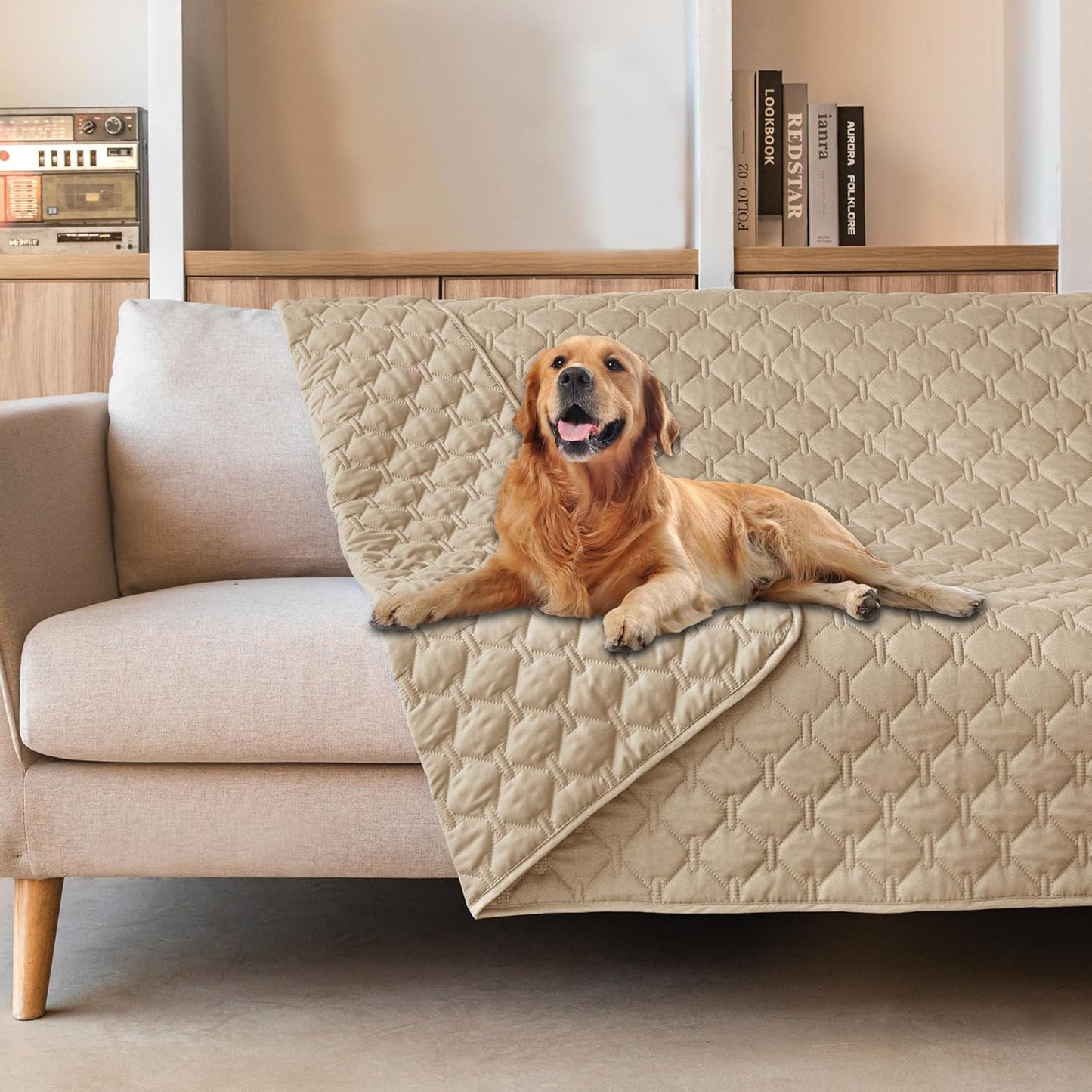 gogobunny 3X Stronger Waterproof Pet Blanket, Scratch Proof Furniture Protector for Dogs Cats, Reversible Cover 82x82 Inch, Dark Beige