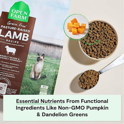 Open Farm, Grain Free Dry Cat Food, High-Protein Kibble for a Complete & Balanced Diet, Non-GMO Fruits & Vegetables, Prebiotic Fibers to Support Digestion, Pasture-Raised Lamb Recipe, 8lb Bag