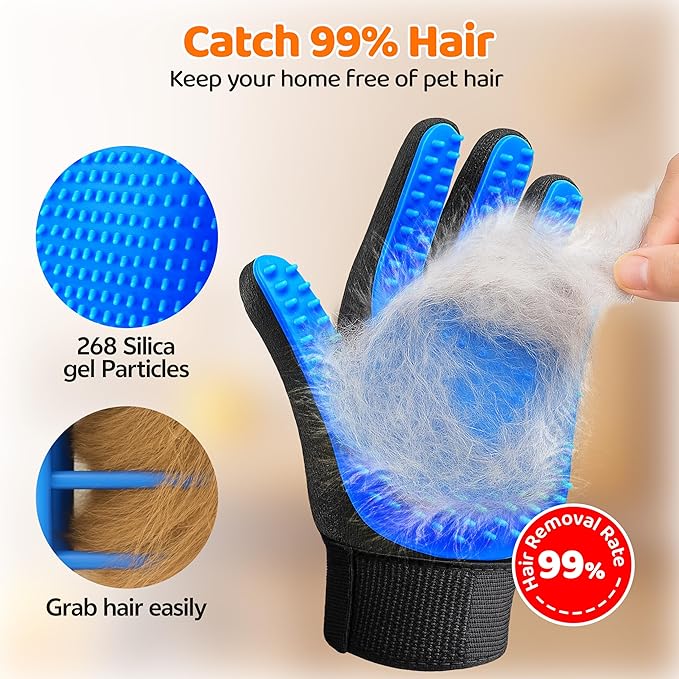 Pet Hair Remover Glove - Cat＆Dog Brush,Gentle Deshedding Efficient - Perfect for Dogs, Cats, Rabbits & Horses with Long/Short/Curly Hair,Includes Sprayer＆Waterless Shampoo (Right Hand, 1 Piece, Blue)