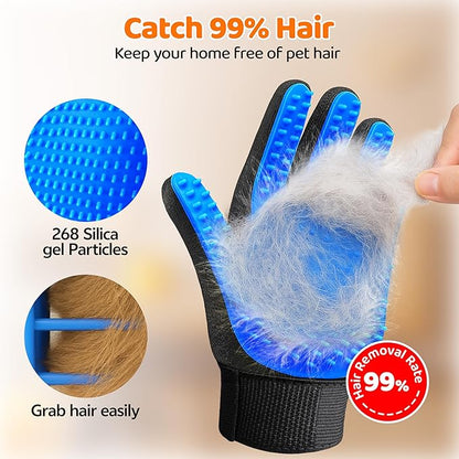 Pet Hair Remover Glove - Cat＆Dog Brush,Gentle Deshedding Efficient - Perfect for Dogs, Cats, Rabbits & Horses with Long/Short/Curly Hair,Includes Sprayer＆Waterless Shampoo (Right Hand, 1 Piece, Blue)