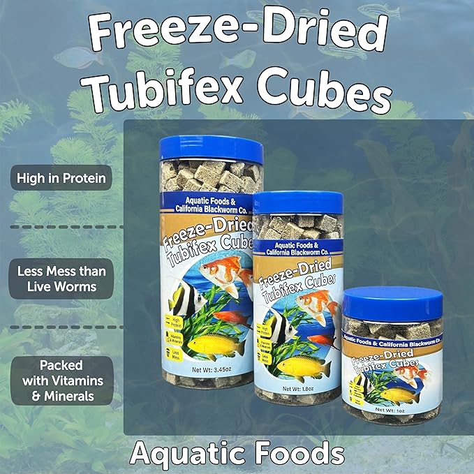Aquatic Foods Inc. Tubifex Worms, Freeze Dried Tubifex Worm Cubes for Cichlids, Discus, Goldfish, Bettas, Marine Fish, All Tropical Fish, 12-Type Pellet Mix, 4-Type Wafer Mix Included...1oz Canister