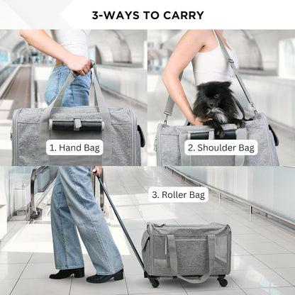 Pet Carrier With Wheels for Dogs Up To 15lbs – Airline Approved Dog Carrier - Rolling Pet Carrier w/ Removable Wheels & Washable Plush Mat – Cat Travel Carrier w/ Telescopic Handle & Shoulder Strap