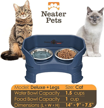Neater Feeder Deluxe Mess Proof Cat Bowls Elevated for All Breeds – Made in USA – No Spill Raised Cat Bowls for Indoor Cats w/Leg Extensions – Stainless Steel Cat Food and Water Bowl Set - Dark Blue