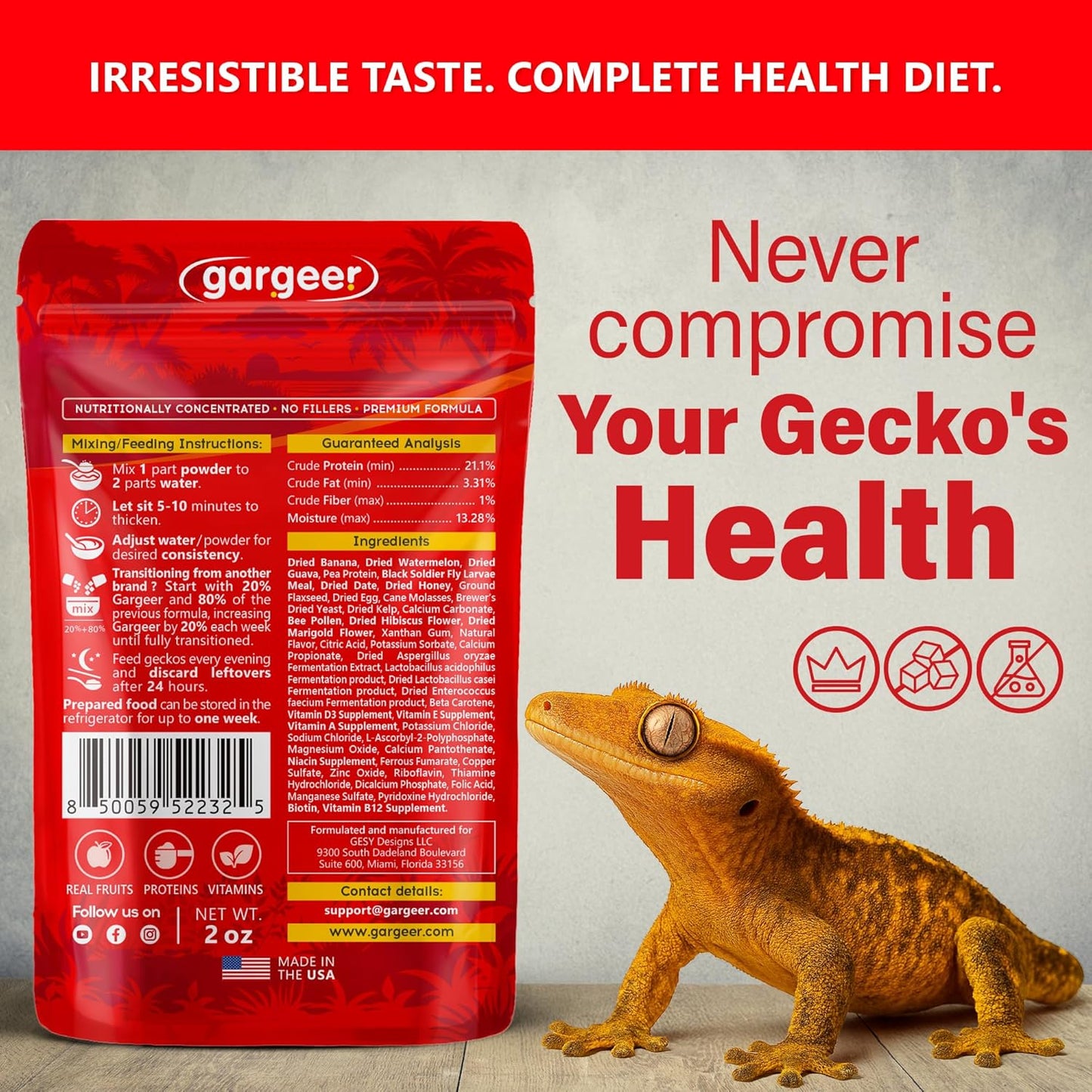 'Picky Geck' Watermelon Crush - Premium Crested Gecko Food | Hydration & Circulation Support with Bee Pollen & Coconut | No Fillers - Only Premium Ingredients | 2oz | Made in USA. Enjoy!