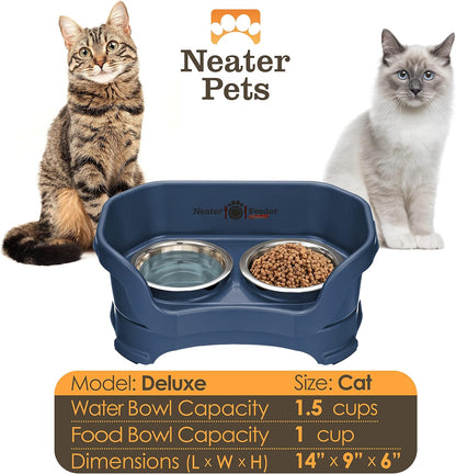 Neater Feeder Deluxe Mess Proof Cat Bowls Elevated for All Breeds – Made in USA – No Spill Raised Bowls for Indoor Cats – Stainless Steel Food and Water Bowl Set, Pet Dish Feeding Station, Dark Blue