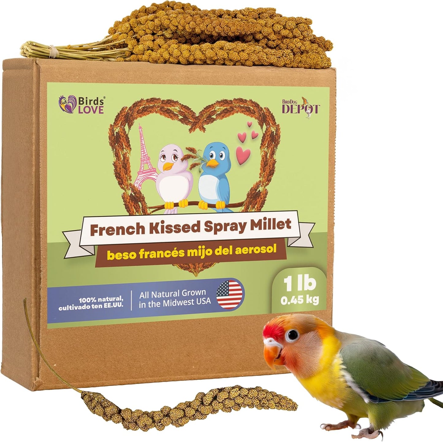 Birds LOVE French Kissed Spray Millet for Birds - Parakeets, Cockatiels, Lovebirds, Finches, Budgies, Canaries, Cockatoos - Natural & Healthy Bird Millet - Parakeet Food & Treats for All Parrots 1lb